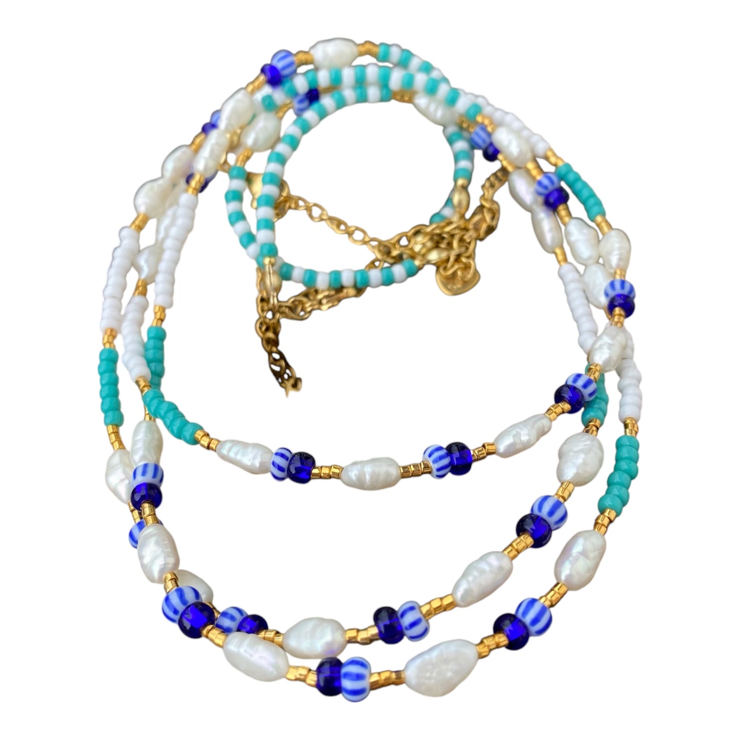 Collier de perles d'eau et rocailles colorées, perles dorées 24 k