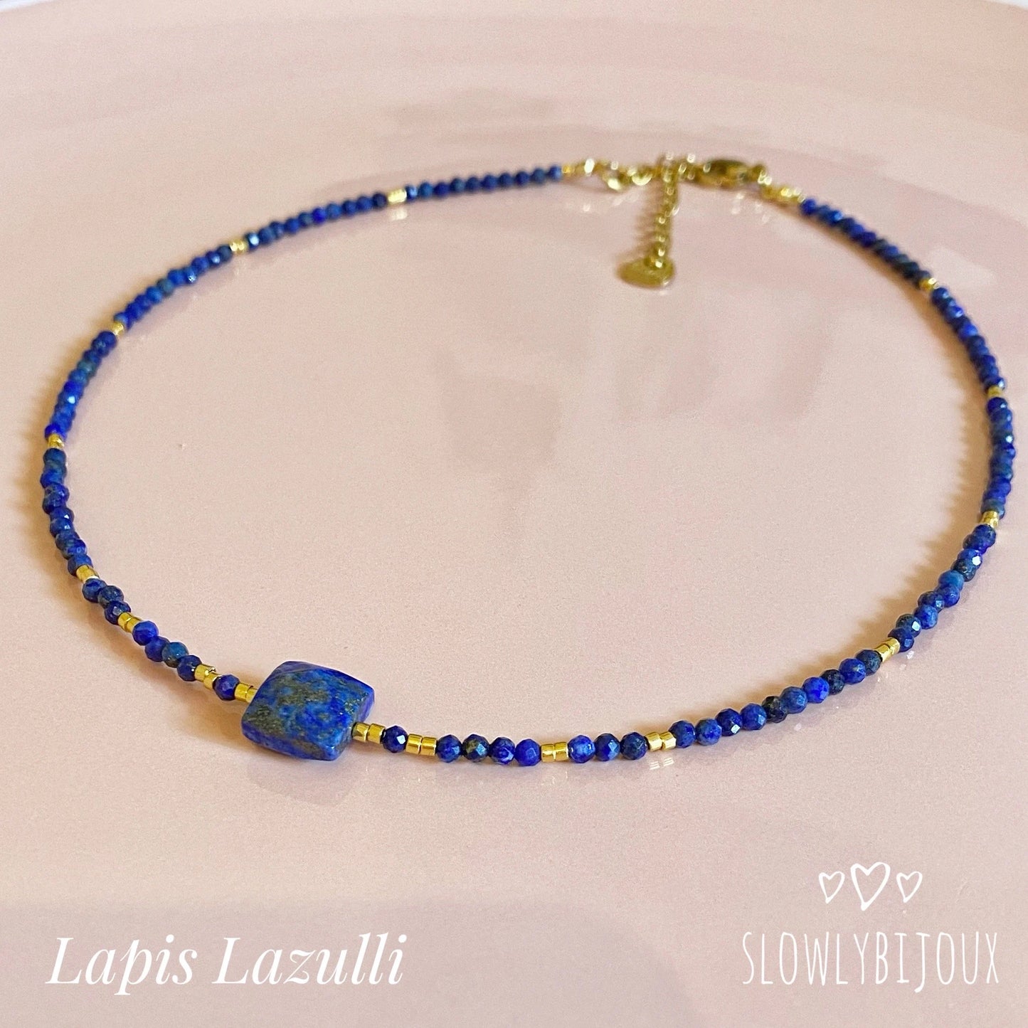 Collier Lapis Lazulli, collier ras de cou, Lapis necklace, perles naturelles semi-précieuses, perles miyuki 24k, lapis collar, idée cadeau
