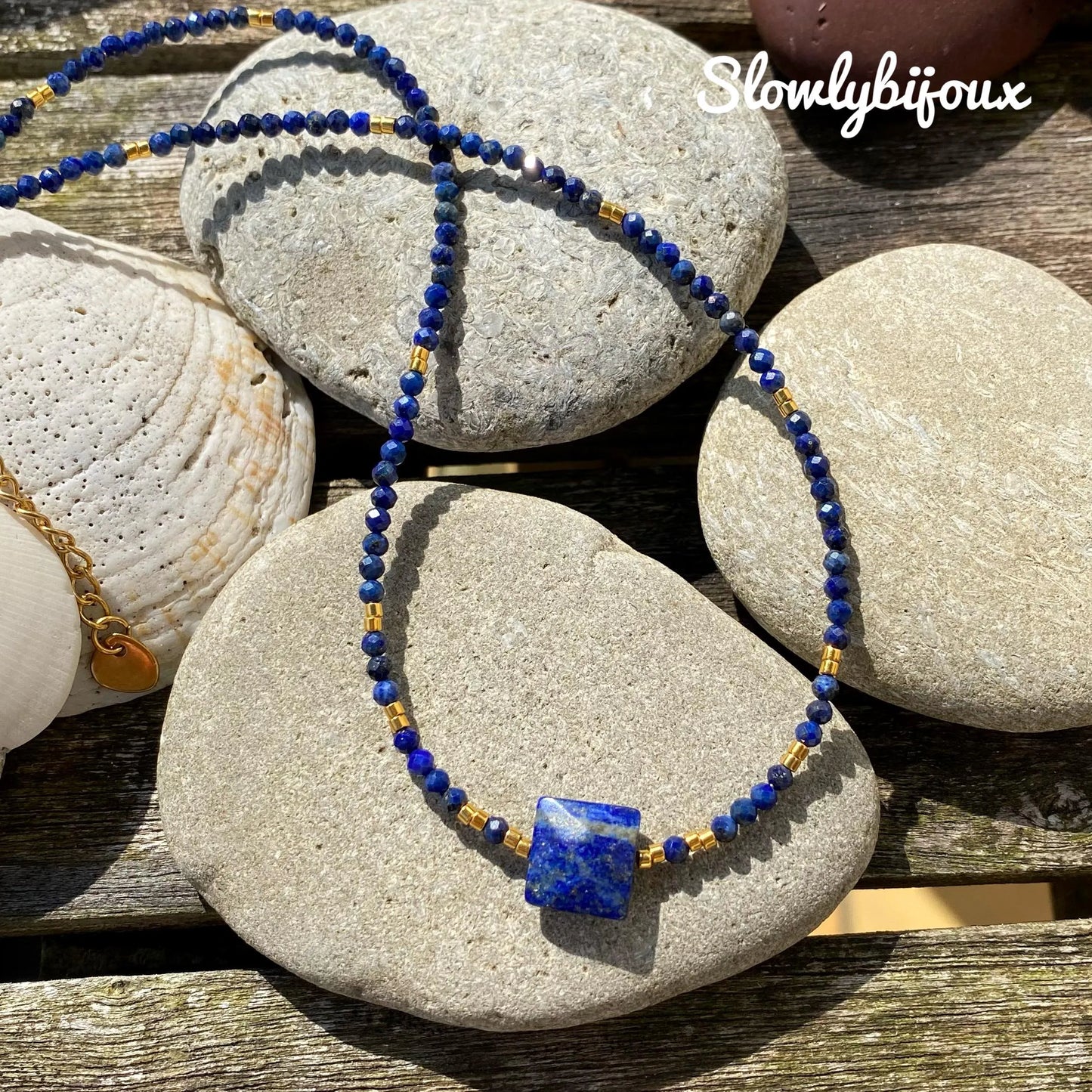 Collier Lapis Lazulli, collier ras de cou, Lapis necklace, perles naturelles semi-précieuses, perles miyuki 24k, lapis collar, idée cadeau