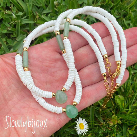 Collier aventurine et coquillage, collier surfeur, collier heishi, collier été, collier plage, Summer necklace, surfer collar, idée cadeau