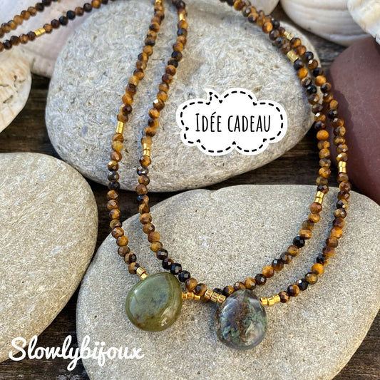 Collier perles fines oeil de tigre et agate indienne
