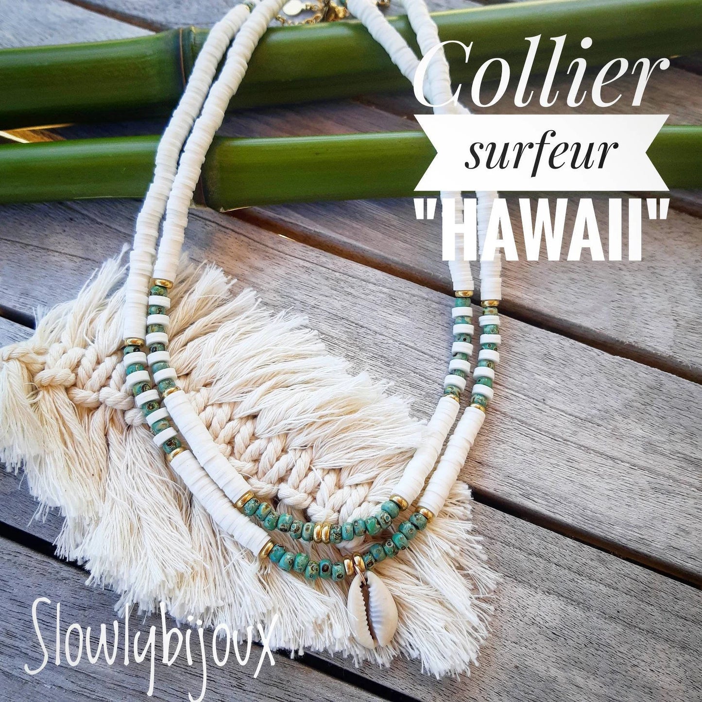 Collier surfeur coquillage perles heishi blanches