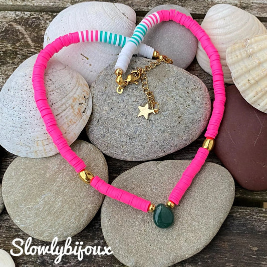 Collier perles Heishi rose fluo et Agate indienne